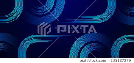Abstract glowing circle lines on dark blue background. Geometric stripe line art design. Modern shiny blue lines. Futuristic technology concept. Vector illustration 135187279