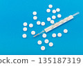Glass thermometer between red pills and blue capsules 135187319
