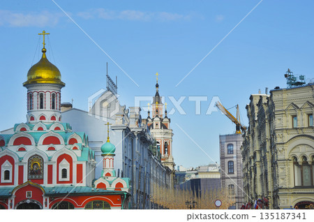 view of the Spassky Cathedral and construction crane in Moscow view of the Spassky Cathedral and construction crane in Moscow 135187341