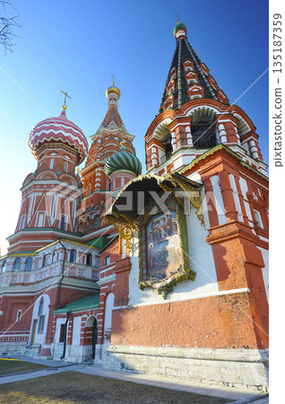 view of the domes of St. Basil's Cathedral in Moscow view of the domes of St. Basil's Cathedral in Moscow 135187359