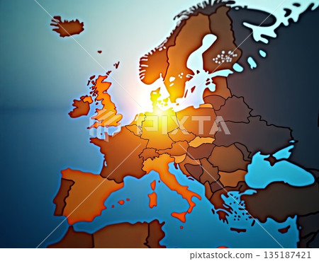 European sunrise map, Illustrated European map showing dawn light with modern thematic elements 135187421