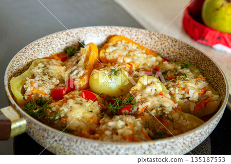 Braised Stuffed Peppers in Pan 135187553