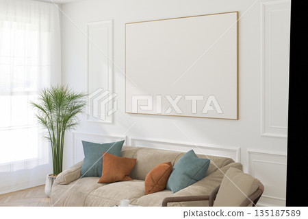 A Horizontal Thin Frame Mockup on Light Wall in Modern Interior. 3D Render. 135187589