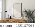 3D Render of Vertical Thin Black Frame on Light Wall in Modern Interior 135187594