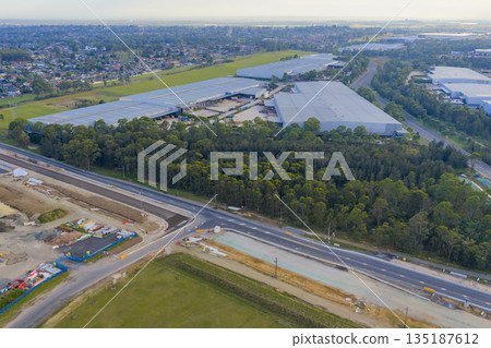 Drone photograph of buildings in the Kemps Creek industrial precinct Drone photograph of buildings in the Kemps Creek industrial precinct 135187612