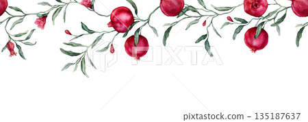 Seamless horizontal border or banner tropical Pomegranate and pink flower. Hand drawn watercolor illustration on white isolated background. Fruits with green leaves pattern for frame or banner. Seamless horizontal border or banner tropical Pomegranate and pink flower. Hand drawn watercolor illustration on white isolated background. Fruits with green leaves pattern for frame or banner. 135187637
