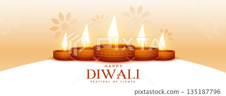 beautiful happy diwali wishes banner. realistic glowing diya beautiful happy diwali wishes banner. realistic glowing diya 135187796