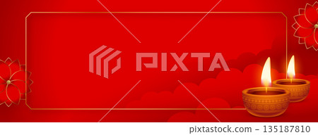 happy diwali wishes red banner realistic oil lamp with text space 135187810