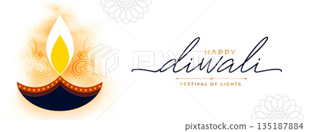 happy diwali festive white banner with creative diya 135187884