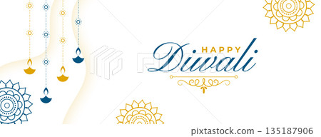 elegant happy diwali greeting white banner. hanging artistic diya 135187906