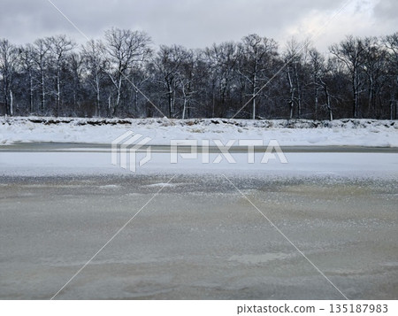 Frozen lake under stormy winter sky. Vast icy lake surface with snow patches, dense bare forest horizon and dramatic dark clouds overhead. 135187983