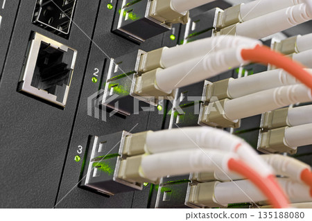 Data center, network panel, switch and connected multi-colored cables Data center, network panel, switch and connected multi-colored cables 135188080