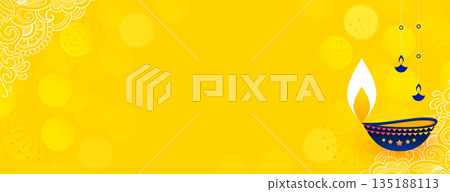 artistic diwali diya wishes yellow banner with text space 135188113