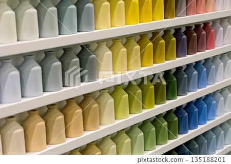 Many small jars of the same shape and size, different colors Many small jars of the same shape and size, different colors 135188201