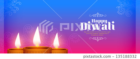 decorative happy diwali greeting wallpaper. realistic glowing diya 135188332