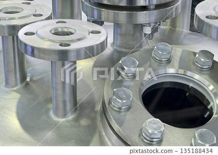 Various parts of high pressure equipment - stainless steel pipes, flanges and plugs 135188434