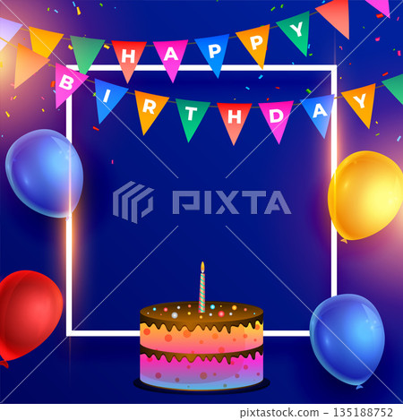 happy bday party cake and balloon background with text space happy bday party cake and balloon background with text space 135188752