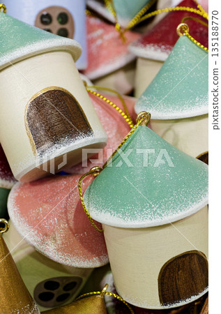A lot of vintage Christmas tree decorations made of wood and painted A lot of vintage Christmas tree decorations made of wood and painted 135188770