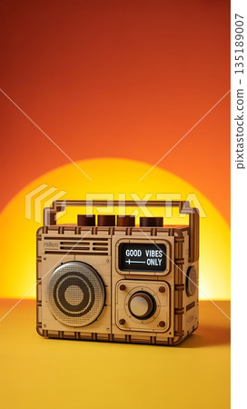 Wooden Retro Boombox Radio with Good Vibes Display Against Warm Orange Sunset 135189007