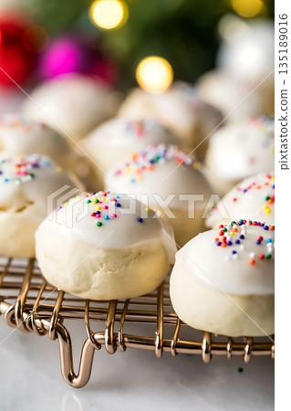 Festive Cookies with Icing and Colorful Sprinkles on Rack 135189016