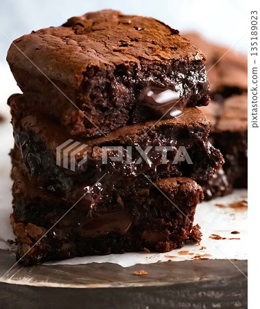 Gooey Chocolate Brownies with Melted Chocolate Center and Cracks 135189023