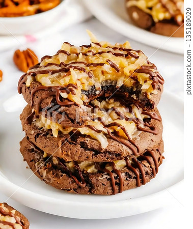 German Chocolate Cookies with Coconut, Pecans, and Drizzled Chocolate 135189029
