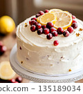 Lemon Cranberry Cake with White Frosting and Fresh Fruit Topping 135189034