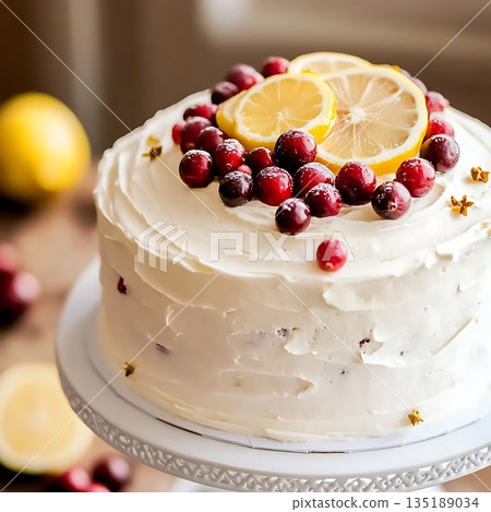 Lemon Cranberry Cake with White Frosting and Fresh Fruit Topping 135189034