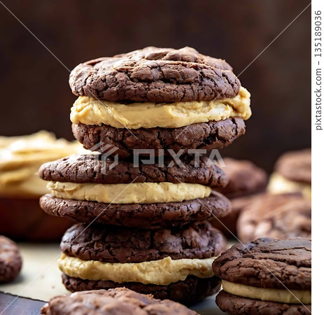 Chocolate Sandwich Cookies with Peanut Butter Filling and Brownie Texture 135189036