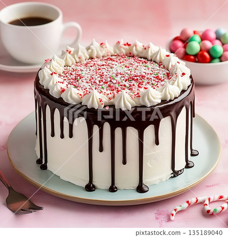 Festive Holiday Cake with Chocolate Drips and Sprinkles Festive Holiday Cake with Chocolate Drips and Sprinkles 135189040