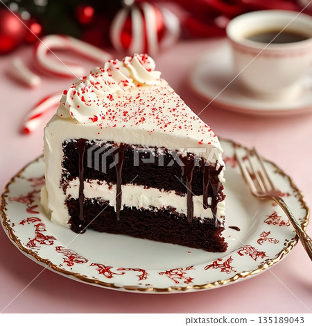 Chocolate Cake Slice with Peppermint and Whipped Cream Chocolate Cake Slice with Peppermint and Whipped Cream 135189043