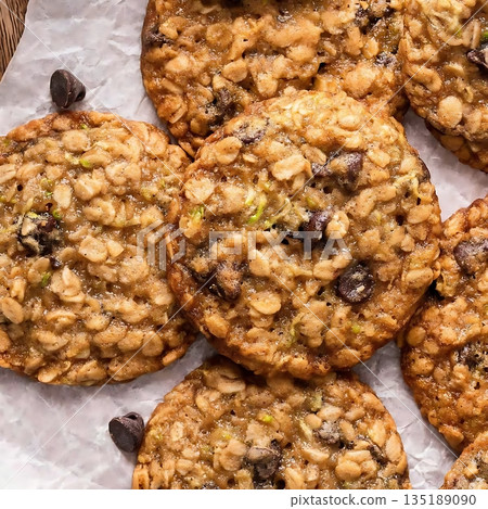 Chewy Oatmeal Cookies with Chocolate Chips and Brown Sugar 135189090