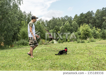 young man in cap walking with black cat in red harness on leash on green grass, friendship pet love and care 135189338