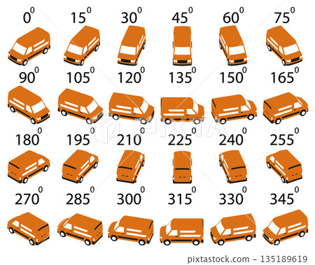 Set of 24 minimalist isometric delivery van logo style illustrations in multiple angles, suitable for animation, branding, logistics. Set of 24 minimalist isometric delivery van logo style illustrations in multiple angles, suitable for animation, branding, logistics. 135189619