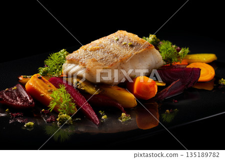 Delightful catfish fillet with vibrant carrots, beets, and fresh orange Delightful catfish fillet with vibrant carrots, beets, and fresh orange 135189782
