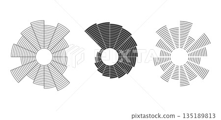 Abstract circular radial chart set, segmented ring diagrams in black and white vector style Abstract circular radial chart set, segmented ring diagrams in black and white vector style 135189813