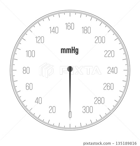 Blood pressure gauge scale in mmHg, medical circular dial with pointer vector illustration Blood pressure gauge scale in mmHg, medical circular dial with pointer vector illustration 135189816