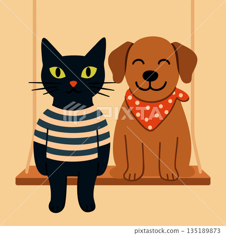 Pet shop advertisement. Black cat and brown dog sitting on swing. Vector illustration 135189873