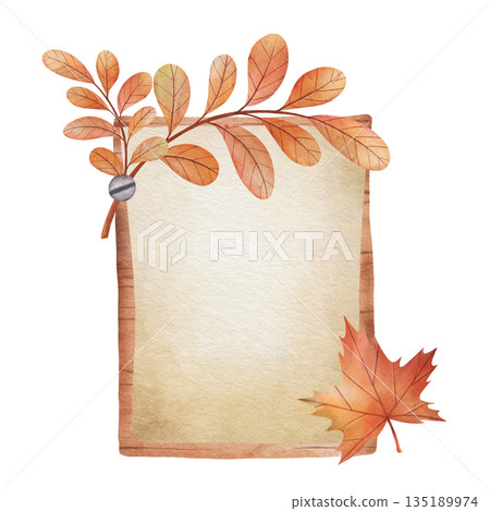 Watercolor illustration of an autumn wooden frame decorated with orange and red leaves, isolated on a white background. Perfect for seasonal decor, text backgrounds, greeting cards, and creative 135189974