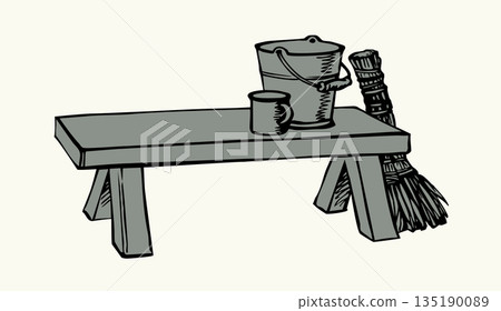 Vector drawing. Old bucket on the bench Vector drawing. Old bucket on the bench 135190089