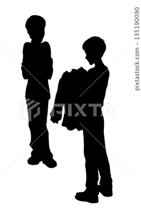 Vector drawing. The boy is picking up his shirt Vector drawing. The boy is picking up his shirt 135190090