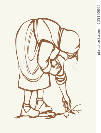 Vector drawing. Old woman in the field 135190095