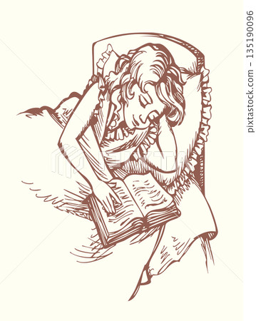 Vector drawing. Girl asleep in a bed 135190096