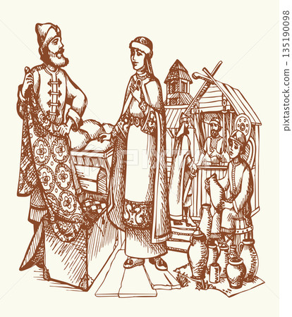 Vector drawing. Man sells a fabric om ancient market Vector drawing. Man sells a fabric om ancient market 135190098