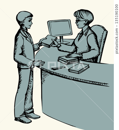 Vector drawing. Young boy and woman receptionist 135190100