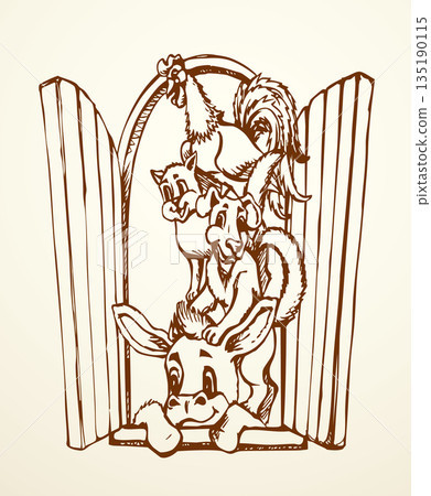 Vector drawing. Donkey, dog, cat and rooster. Vector drawing. Donkey, dog, cat and rooster. 135190115