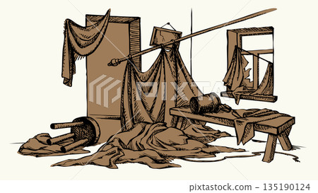 Vector drawing. Cluttered room view. 135190124