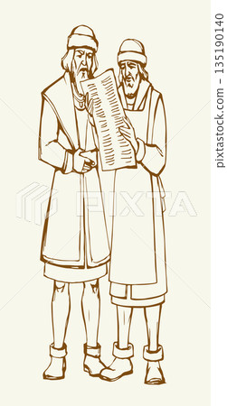 Vector drawing. Two men reding a newspaper 135190140