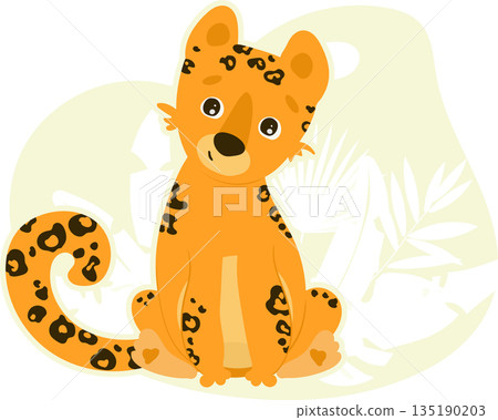 Little LeopardLittle Leopard. Cute cartoon leopard cub sitting among tropical leaves Little LeopardLittle Leopard. Cute cartoon leopard cub sitting among tropical leaves 135190203