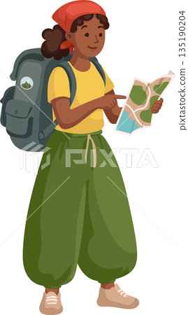 Flat style illustration of a young traveler with a backpack holding a map and planning a route. 135190204